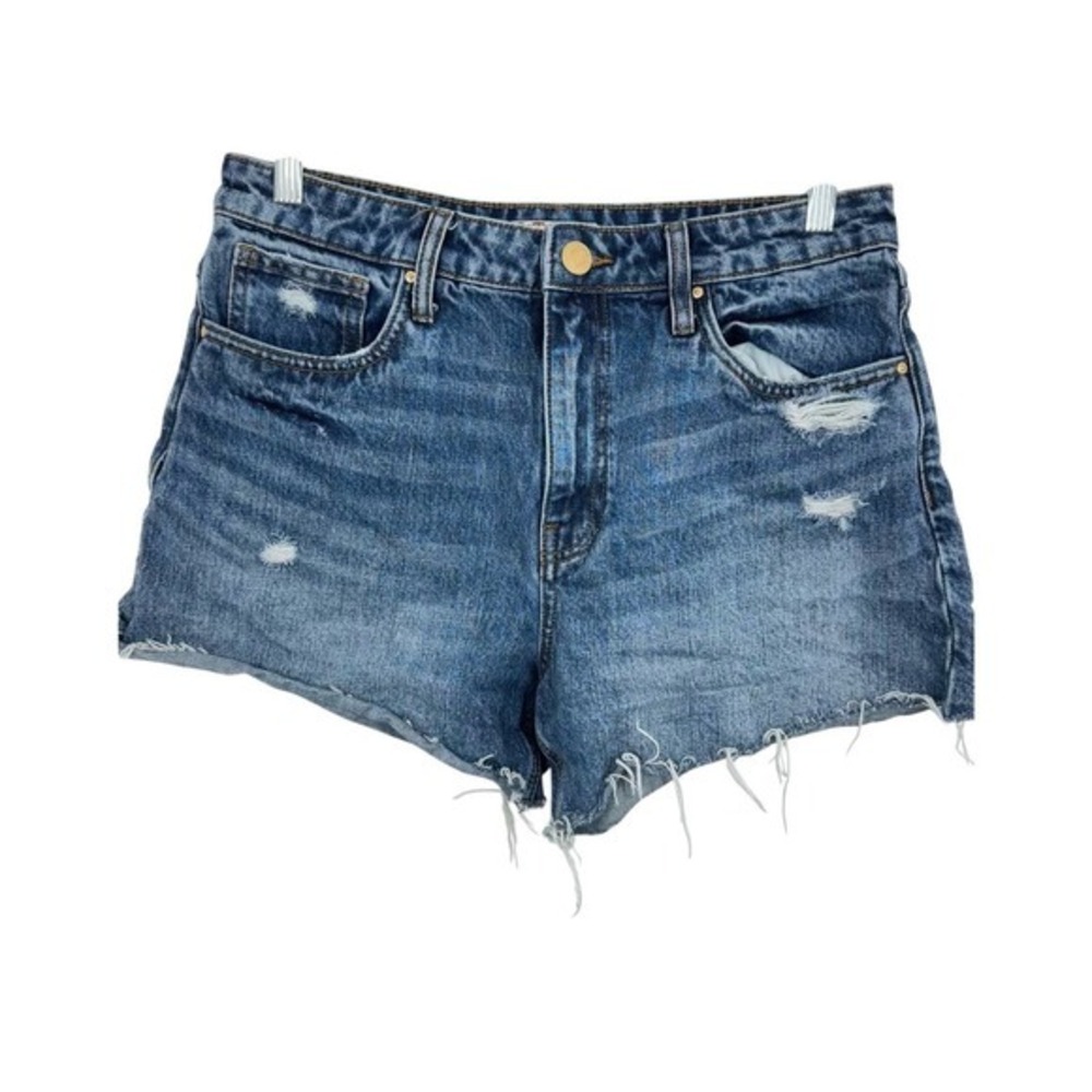 KUT From The Kloth Taylor High Rise Denim Shorts Distressed Frayed Hem Blue